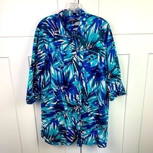 Lands End Size Large Petite Blue Palm Button Front Tunic Dress Beach Swim Cover